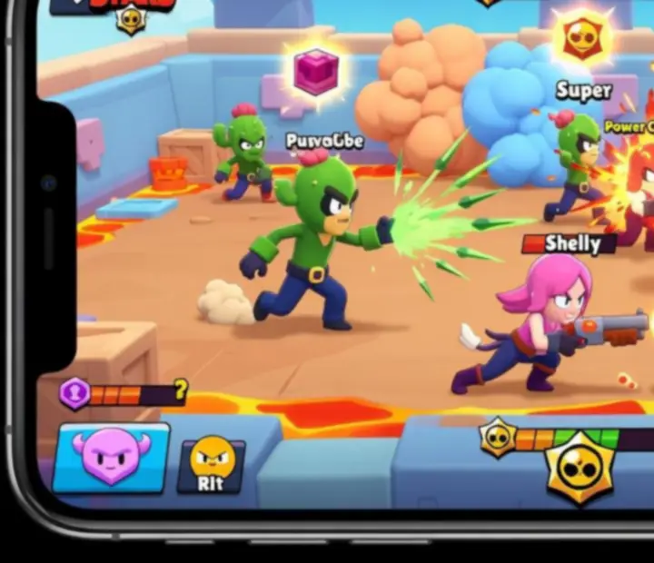 Zbiorczy zrzut ekranu z gry Brawl Stars pokazujący różne sceny walki